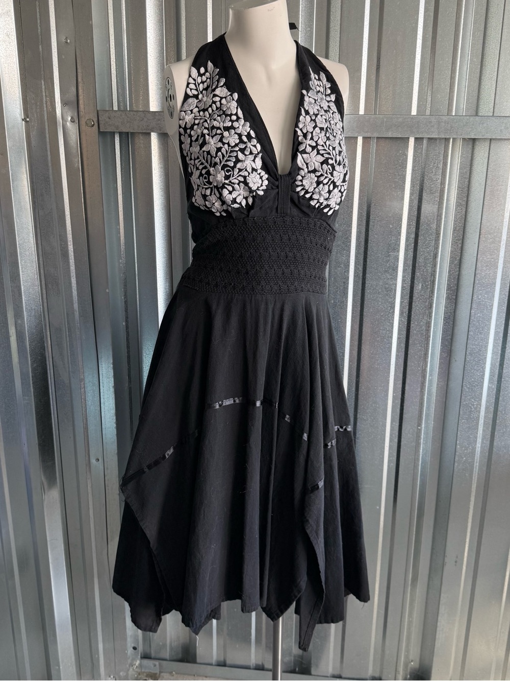 Embroidered Halter Dress Boho Black Handkerchief Hem Floral Crochet Waist